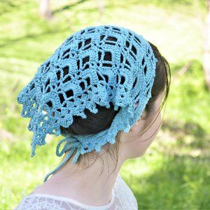 Crochet kerchief or headscarf for women, lace bamboo and cotton head covering